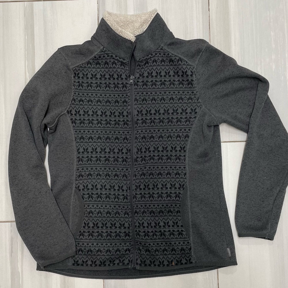 Eddie Bauer Jacket Womens Size Large Zip Front Fair Isle Long Sleeve Gray Black